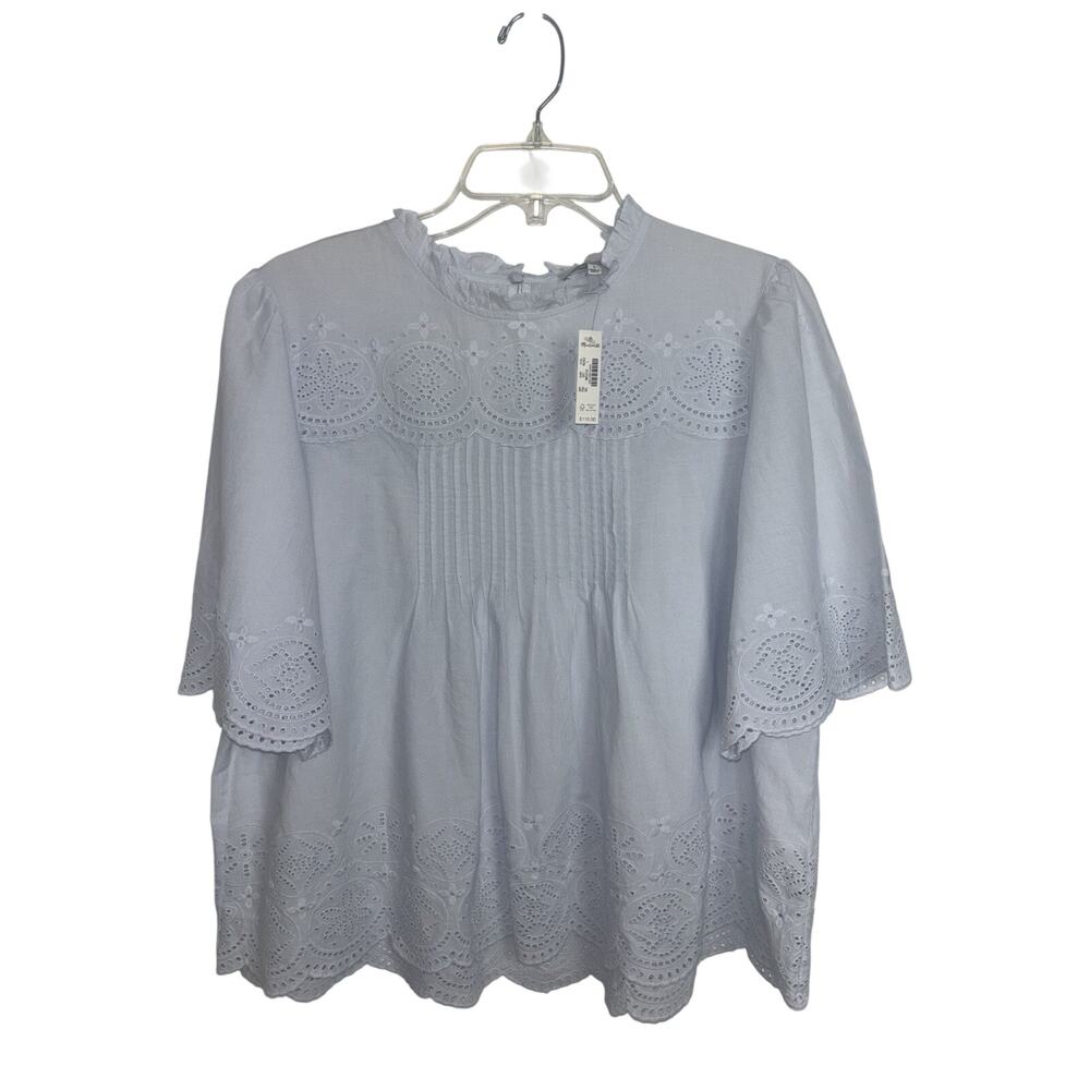 NWT Madewell Embroidered Pintuck High Neck Top Soft Blue Large Cottage - Picture 2 of 11